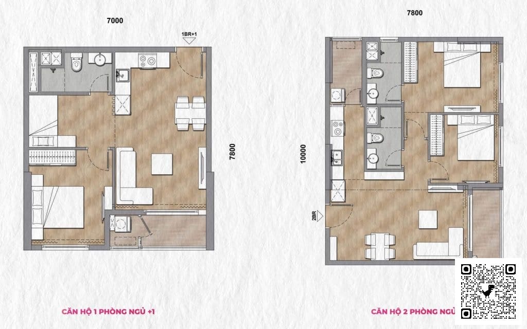 mặt bằng căn hộ 1 phòng ngủ +1 và căn hộ 2 phòng ngủ