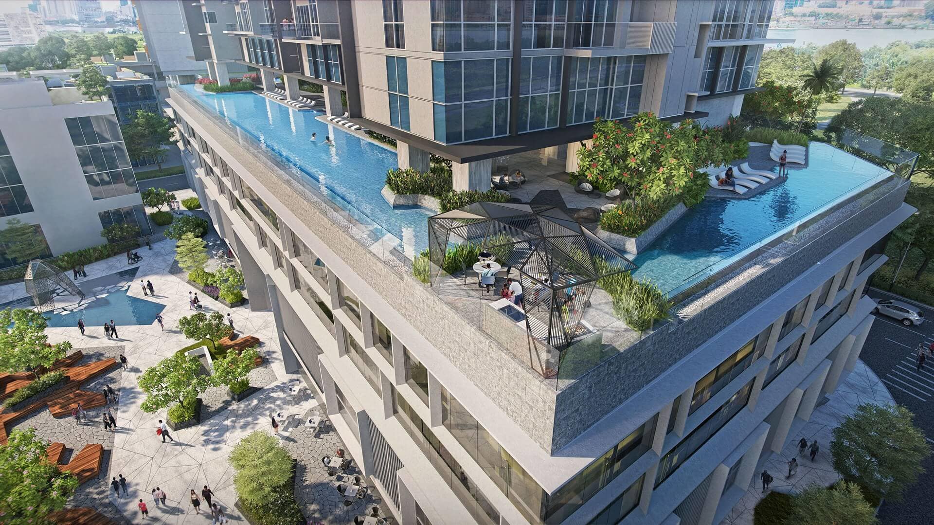 bể bơi trên cao tại tòa căn hộ the metropole thủ thiêm có tầm nhìn hướng về sông sài gòn